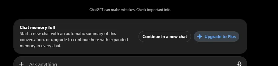 Free plan chat memory fills after ten messages