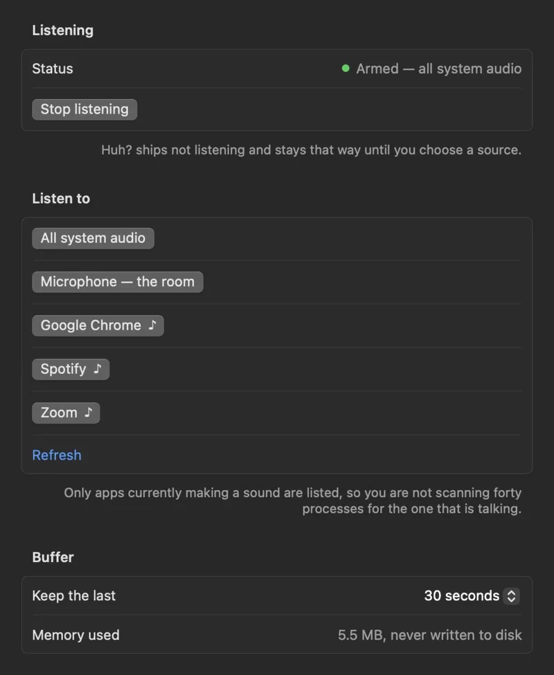 Huh? lets you replay the last 30 to 120 seconds of system audio with a hotkey