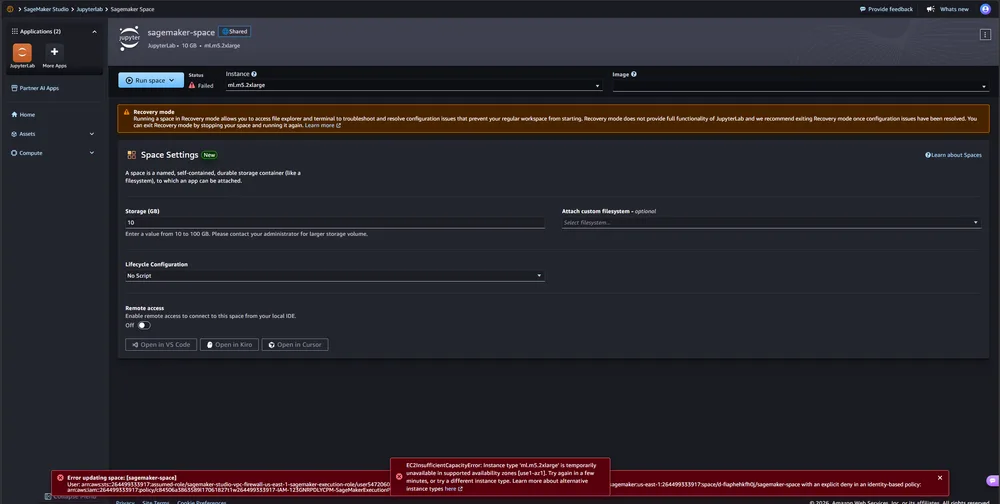 在 Coursera 跑 Generative AI 课程时遇到 SageMaker Studio 启动失败，大概率是掉进了 AWS 资源不足的坑里