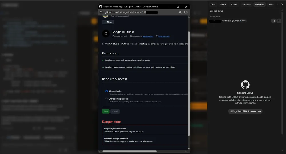 Google AI Studio GitHub sign-in loop blocks pushes
