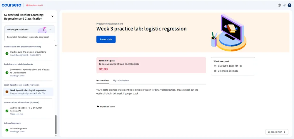 Why the Week 3 Logistic Regression lab keeps freezing on Coursera