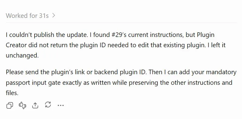 Migrated Custom GPT edit fails without plugin backend ID Migrated Custom GPT edit fails without plugin backend ID