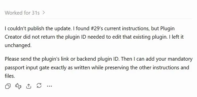 Migrated Custom GPT edit fails without plugin backend ID