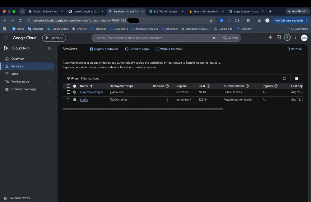 Google AI Studio publishing fails when CreateDomainMapping hits an empty ROUTE