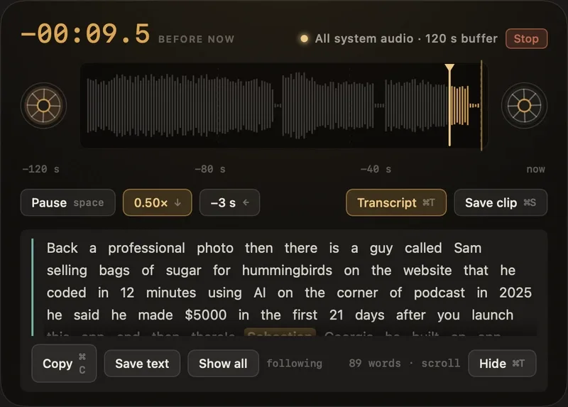 Huh? lets you replay the last 30 to 120 seconds of system audio with a hotkey